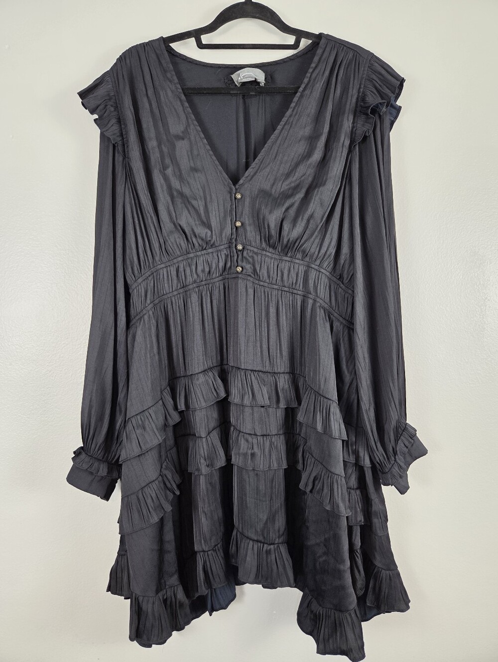 Anthropologie Black Satin Tiered Ruffle Long-sleeve Black Dress